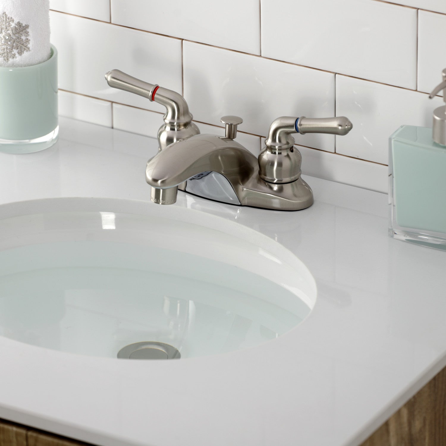 Kingston Tulare GKB628 - Magellan Double-Handle 3-Hole Deck Mount 4-Inch Centerset Bathroom Faucet with Pop-Up Drain, Brushed Nickel — thumbnail 2